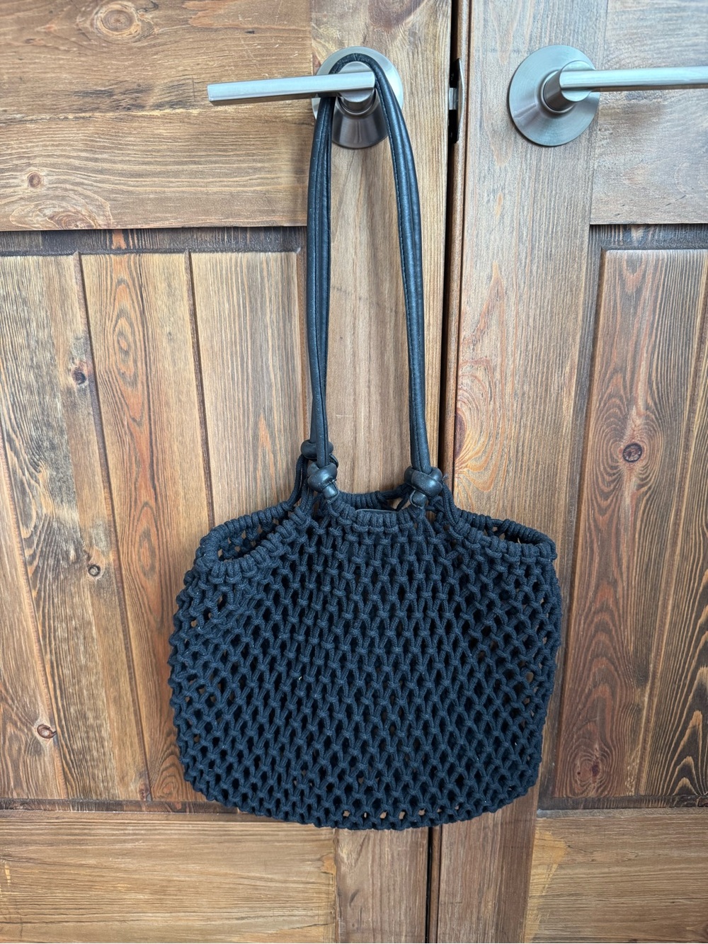 CLARE V  Sandy Black Woven Tote Bag with  Leather Shoulder Handles